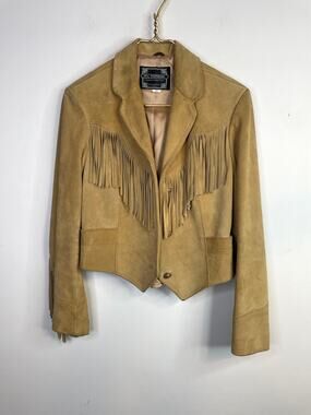 Vintage Ms Pioneer Wear Tan Suede Leather Fringed Short Jacket Cowgirl Western